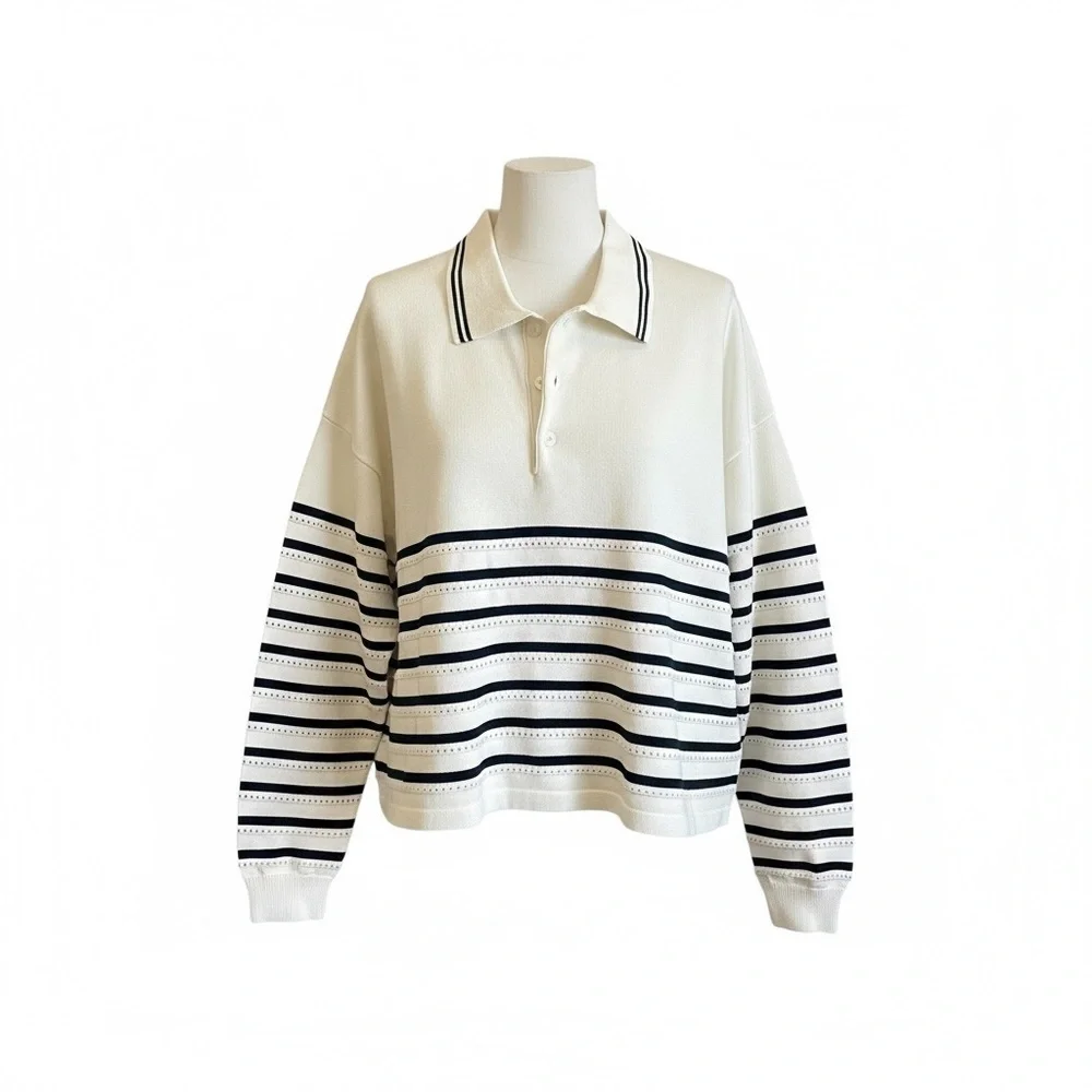 The Upside Wonder Knit Stripe Eyelet Dot Long Sleeve Button Front Knit Polo